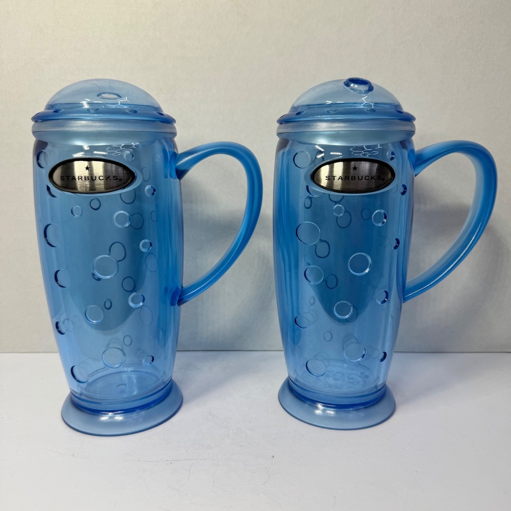 Starbucks Barista 2003 Vintage Blue Bubble Mugs Set of 2 16oz Tumblers with Lids